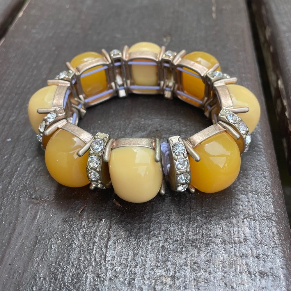 Vintage Style Yellow Resin Rhinestone Stretch Bracelet Gold Tone Chunky Elastic